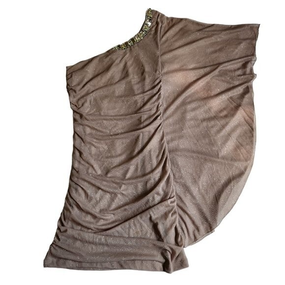 Emerald Sundae Taupe Asymmetrical 1 Shoulder Bodycon Mini Dress Sz S - Picture 1 of 11